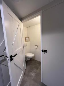 a bathroom with a toilet and a door at It Gasthûs in Baaiduinen
