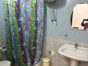 y baño con cortina de ducha, aseo y lavamanos. en Su Nuraghe en SantʼAnna Arresi