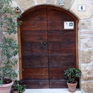a wooden door in a stone wall with two potted plants at Casa Vacanza Gaia Happy in Costa di Mezzate