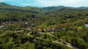 an aerial view of a small village in the mountains at Glamping Cisnadioara in Cisnădioara
