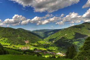 a valley in the mountains with green hills at Schwarzwald-Traum mit Pool und Sauna in Unterkirnach