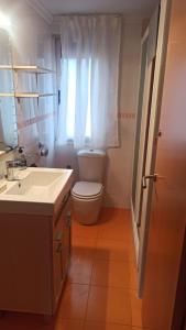 La salle de bains est pourvue de toilettes blanches et d'un lavabo. dans l'établissement Mikonos, à Gandía