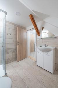 La salle de bains est pourvue d'un lavabo blanc et d'une douche. dans l'établissement Zelena hiša pri Bjov, Studio 1, à Bled