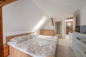 - une chambre avec un lit dans une pièce avec une cuisine dans l'établissement Zelena hiša pri Bjov, Studio 1, à Bled