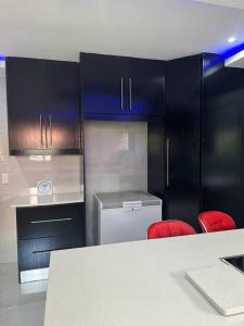 a kitchen with black cabinets and a white refrigerator at Icebolethu Guest House in Standerton