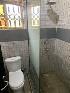 łazienka z toaletą i prysznicem w obiekcie Hotel Fountain Blu w mieście Abeokuta