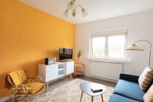 uma sala de estar com um sofá azul e uma televisão em Ferienhaus Specht em Schotten