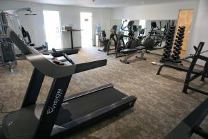 un gimnasio con un montón de cintas de correr y máquinas en Hotel Azur Premium, en Siófok