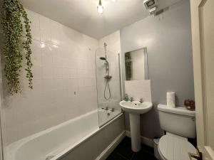 y baño con lavabo, aseo y ducha. en City Lights Apartment en Edimburgo