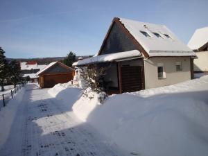 a house covered in snow next to a street at Ferienhaus-Pahl-in-Wolfshagen in Wolfshagen