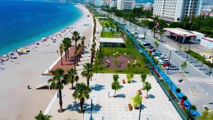 an aerial view of a beach with palm trees and the ocean at Venüs Hotel in Antalya