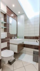 a bathroom with a toilet and a sink and a mirror at Studio Kronstadt - Gara Brașov in Braşov