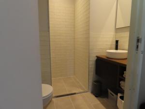 een badkamer met een douche, een toilet en een wastafel bij B & B de Pinguin in Bergentheim
