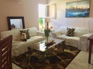 Sala de estar con 2 sofás y mesa de centro en Appartamento Mustique Juan Dolio fronte mare, en Juan Pedro