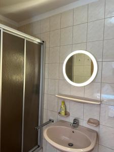 巴特斯哈爾巴赫的住宿－Leo's Pension，一间带水槽、淋浴和镜子的浴室