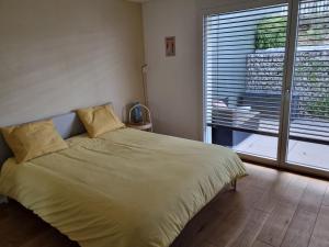 ein Schlafzimmer mit einem Bett und einem großen Fenster in der Unterkunft Elegant Suites Murten in Murten