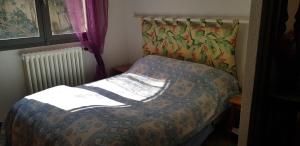 ein Schlafzimmer mit einem Bett mit einer Decke und einem Fenster in der Unterkunft Grande maison proche plage et marché in Saint-Cyprien