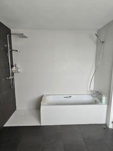 La salle de bains est pourvue d'une baignoire blanche et d'une douche. dans l'établissement Descanso urbano Pamplona, à Mutilva Alta