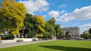 a park with green grass and trees and a building at Elegant 1BR Flat in the Heart of Hackney in London