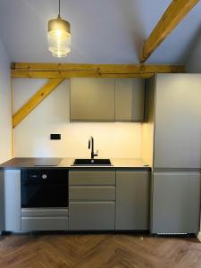 a kitchen with a sink and a refrigerator at Apartamenty MERRI in Lądek-Zdrój