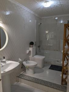 La salle de bains est pourvue de toilettes, d'un lavabo et d'une douche. dans l'établissement ALCANAR DEL MAR, à Les Cases d'Alcanar