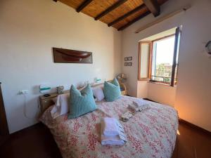 1 dormitorio con 1 cama grande con almohadas azules en Casa Giambi en Corniglia