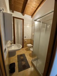 La salle de bains est pourvue d'une douche, d'un lavabo et de toilettes. dans l'établissement Appartamento La Mansarda, à Cerea