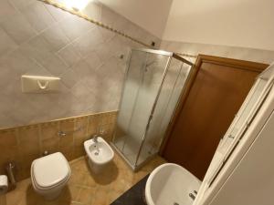 La salle de bains est pourvue d'une douche, de toilettes et d'un lavabo. dans l'établissement Appartamento La Mansarda, à Cerea