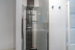 y baño con ducha y puerta de cristal. en Appartementencomplex Juliana 88, en De Koog