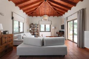 a living room with a couch and a table at The Olive Grove Cottage with private swimming pool in Archanes