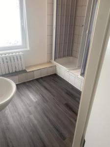 a bathroom with a shower and a sink at M&R Hostel in Rostock