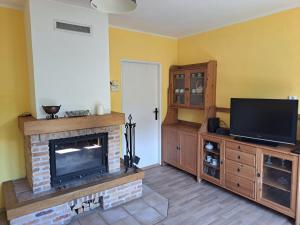 a living room with a fireplace and a flat screen tv at Apartmán pod Javořicí in Studená