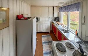 Elle comprend une petite cuisine équipée d'un réfrigérateur et d'un évier. dans l'établissement Cozy Home In Hkerum With Kitchen, à Hökerum