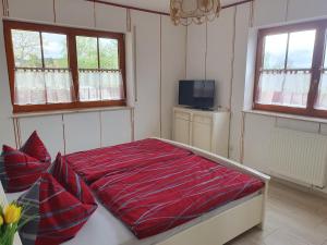 ein Schlafzimmer mit einem Bett mit einer roten Decke darauf in der Unterkunft Ferienwohnung Schortestraße in Ilmenau