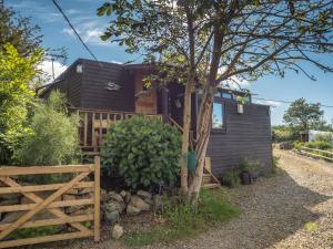 a tiny house with a fence and a tree at Ty Pren Newport in Newport