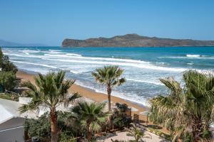 a view of a beach with palm trees and the ocean at Nefeli Rooms in Agia Marina Nea Kydonias