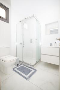 a white bathroom with a shower and a toilet at Quattro City Center Ap 501B in Larnaka +18 photos