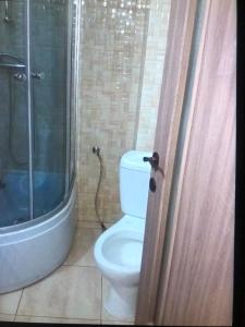 W łazience znajduje się biała toaleta i prysznic. w obiekcie Duplex Effy w Konstancy
