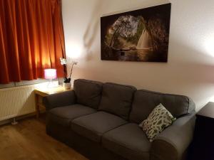 a living room with a couch and a picture on the wall at Wald Apartments im Predigtstuhl Resort in Sankt Englmar