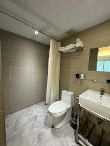 La salle de bains est pourvue de toilettes et d'un lavabo. dans l'établissement RF Hotel – Linsen, à Taipei