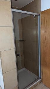 een douche met een glazen deur in de badkamer bij Ferienwohnungen Lehnerwirt in Breitenbrunn