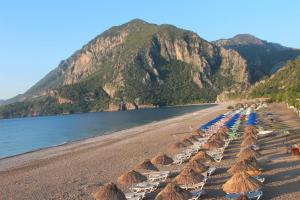 キラリにあるNaz Apartlari Ciraliの多数の藁傘と海を持つビーチ