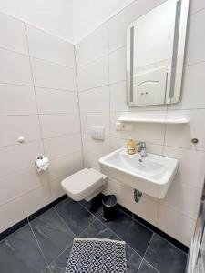 een witte badkamer met een wastafel en een toilet bij Loftstyle I WLAN I Stellplatz in Dresden
