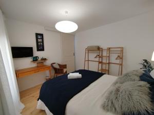 ein Schlafzimmer mit einem großen Bett und einem TV in der Unterkunft Chambres d'Hôtes et Gîtes- L'Abri sous Roche in Tautavel
