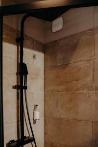 La salle de bains est pourvue d'une douche et d'un mur en pierre. dans l'établissement Le Central Hôtel-Bar, à Oloron-Sainte-Marie
