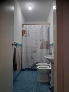 uma casa de banho com uma cortina de chuveiro, um WC e um lavatório. em Apto Martins - Prédio Residencial Inês nº23 em Vila do Maio
