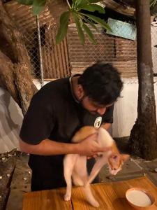 un hombre está sosteniendo un gato bebé en Seven Tales en Anjuna