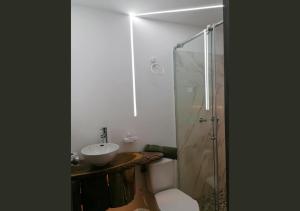 W łazience znajduje się umywalka, toaleta i prysznic. w obiekcie Hotel Cabañas y Chalets lujosos Mágica Luna w mieście Villamaría