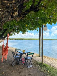 a picnic table and chairs under a tree next to the water at Pousada do Porto Mar in Pôrto de Pedras