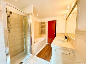 a bathroom with a shower and a sink and a tub at Velabro Luxury Loft in Rome +25 photos